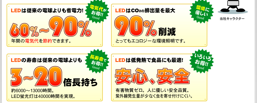 【電気代がお得】ＬＥＤは従来の電球よりも省電力!、【環境に優しい】とってもエコロジーな環境照明です。【長寿命でお得】LEDの寿命は従来の電球よりも3〜6倍長持ち、【安心、安全】有害物質ゼロ。人に優しい安全品質。