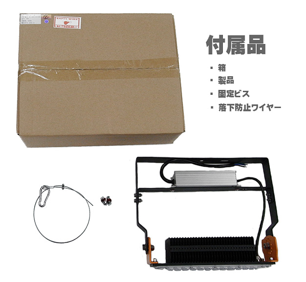 附属品。箱、製品、固定ビス、落下防止ワイヤー。