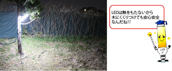 アウトドアで木にくくりつけて設置、ＬＥＤは熱をもたないから木にくくりつけても安心安全